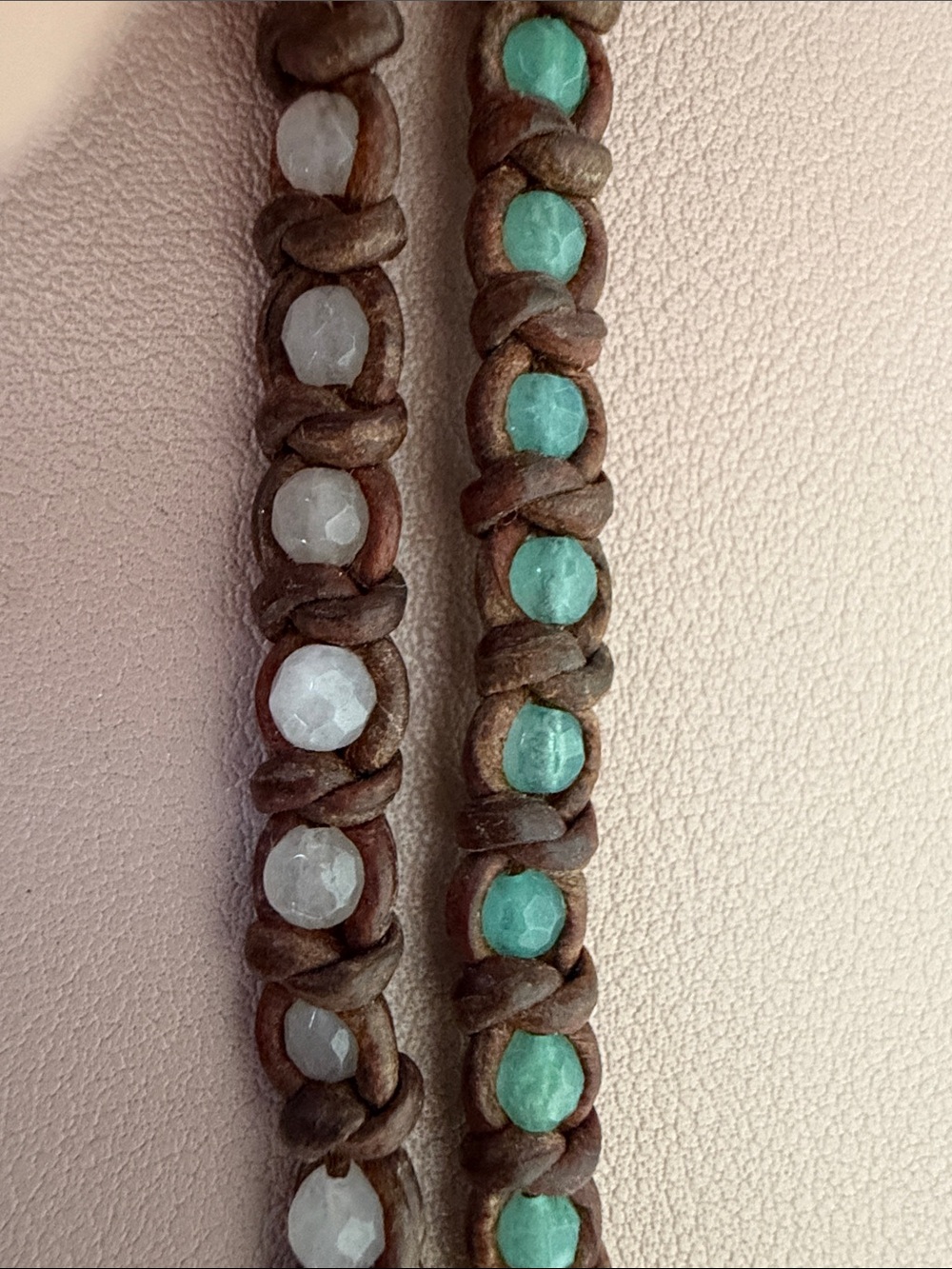 Chan Luu Brown Leather Bracelet Pair with Green and Light Pink Beads - Picture 4 of 5